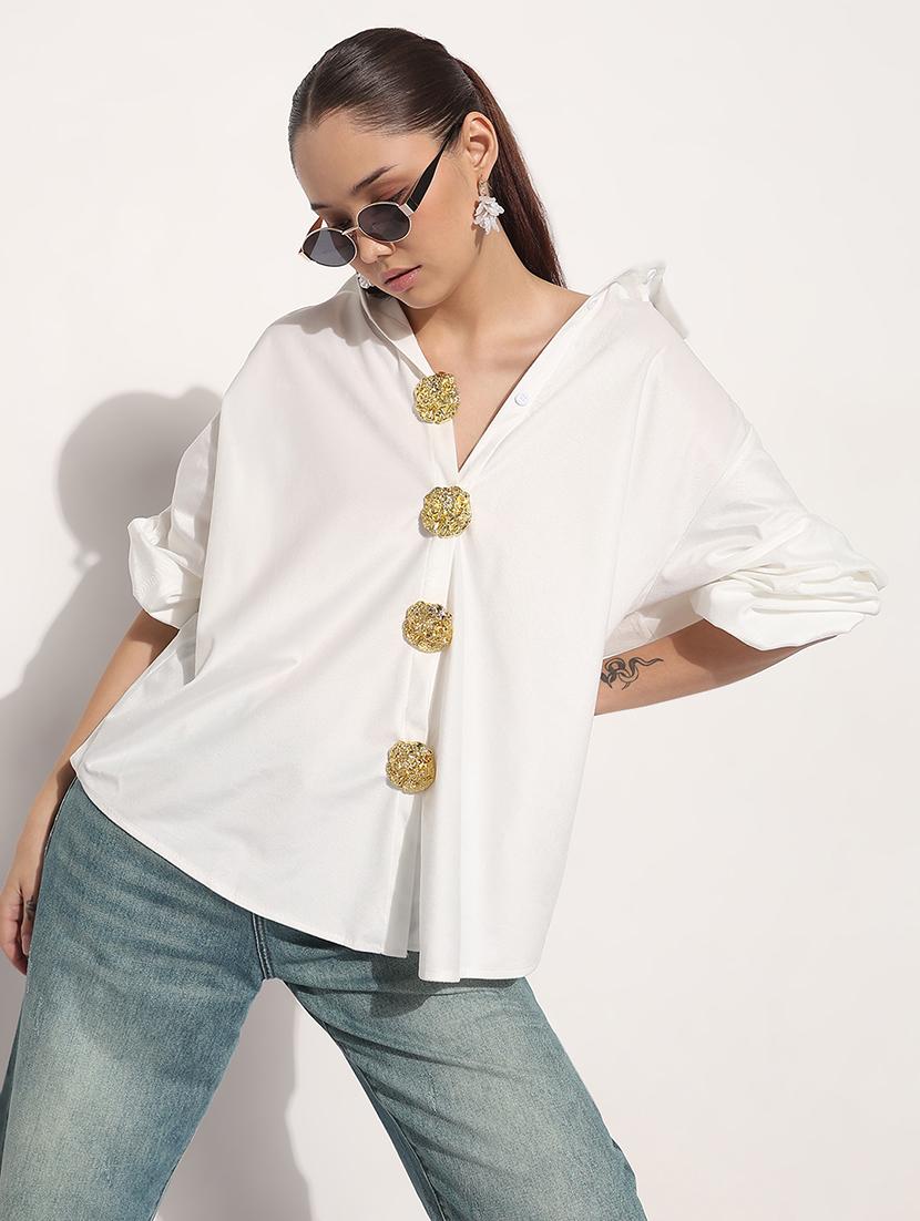 women white solid long sleeve relaxed fit shirt - 21982936 -  Zoom Image - 0