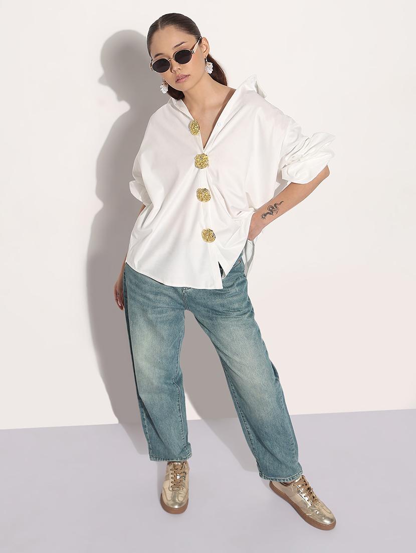 women white solid long sleeve relaxed fit shirt - 21982936 - Standard Image - 5