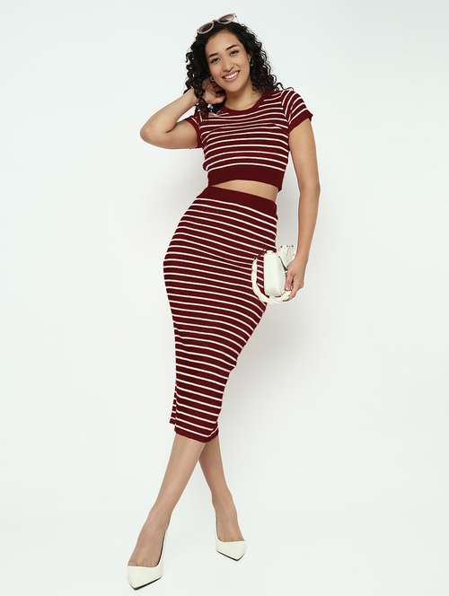 women maroon striped top and skirt co-ord set - 21982969 - Standard Image - 0