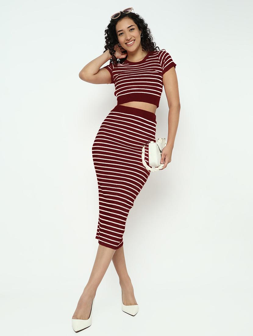 women maroon striped top and skirt co-ord set - 21982969 - Zoom Image - 0