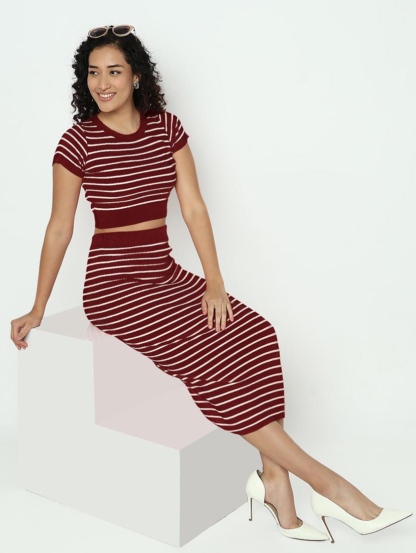 women maroon striped top and skirt co-ord set - 21982969 - Standard Image - 3