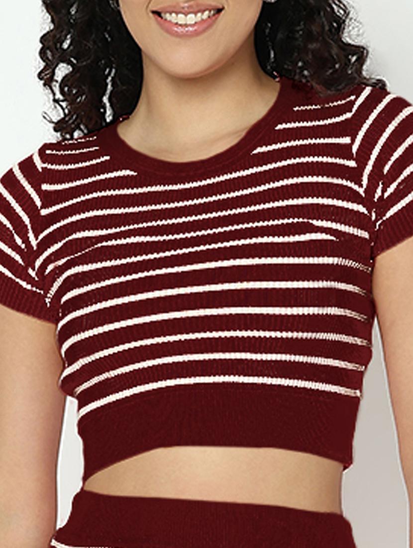 women maroon striped top and skirt co-ord set - 21982969 - Standard Image - 5