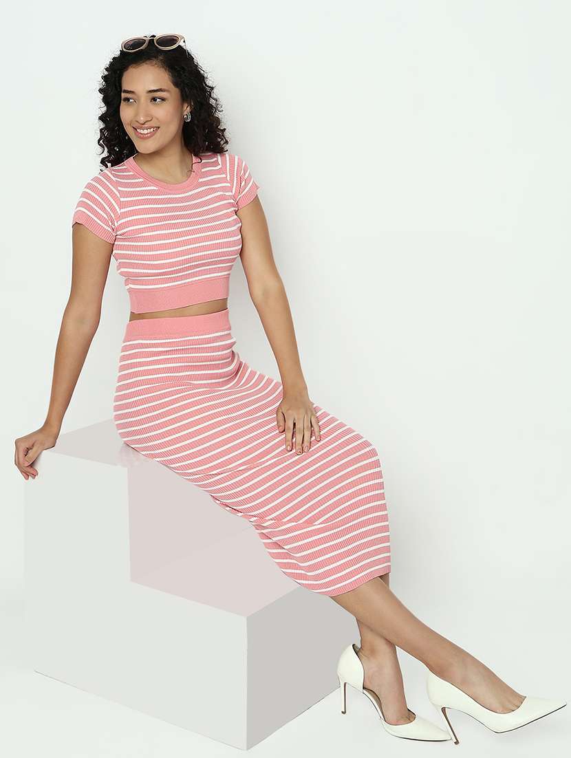 women pink striped top and skirt co-ord set - 21982971 - Standard Image - 3