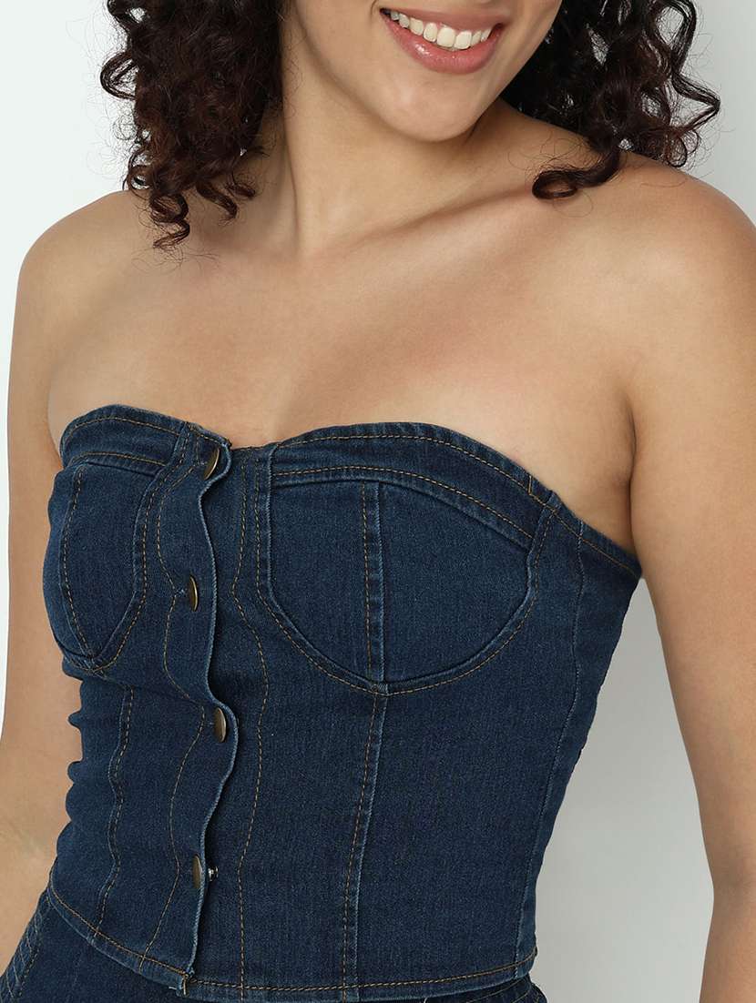 women solid denim tube top and skirt co-ord set - 21982972 -  Standard Image - 5