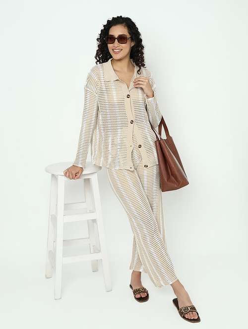 beige cotton blend shirt and trouser set coord - 21982973 - Standard Image - 0