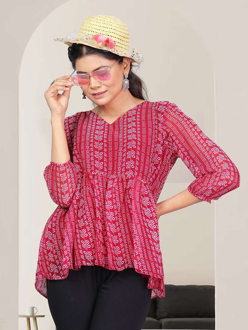 women pink printed long sleeve peplum top - 21982985 - Zoom Image - 0