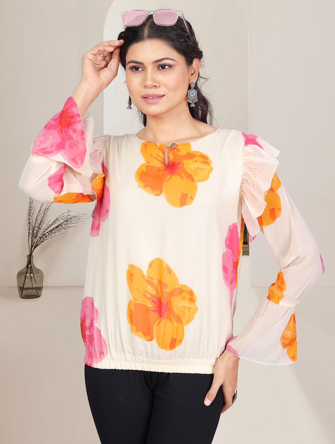 women white floral printed bell sleeve top - 21982988 - Zoom Image - 0