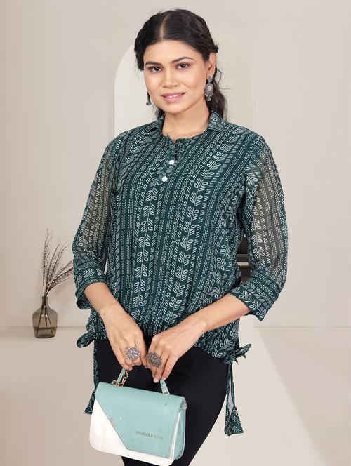 women printed three quarter sleeve collared top - 21982992 - Standard Image - 0