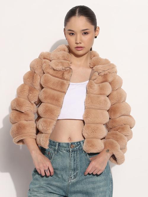 women solid long sleeve fur jacket - 21982993 - Standard Image - 0