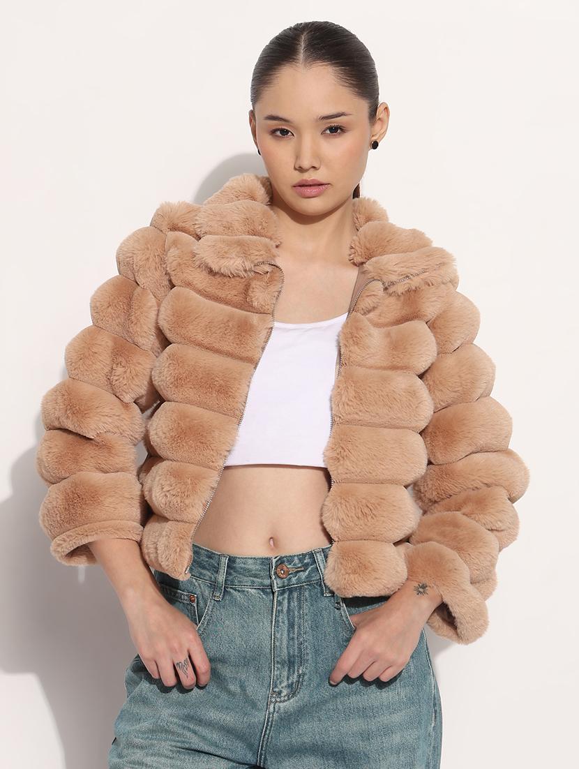 women solid long sleeve fur jacket - 21982993 - Zoom Image - 0