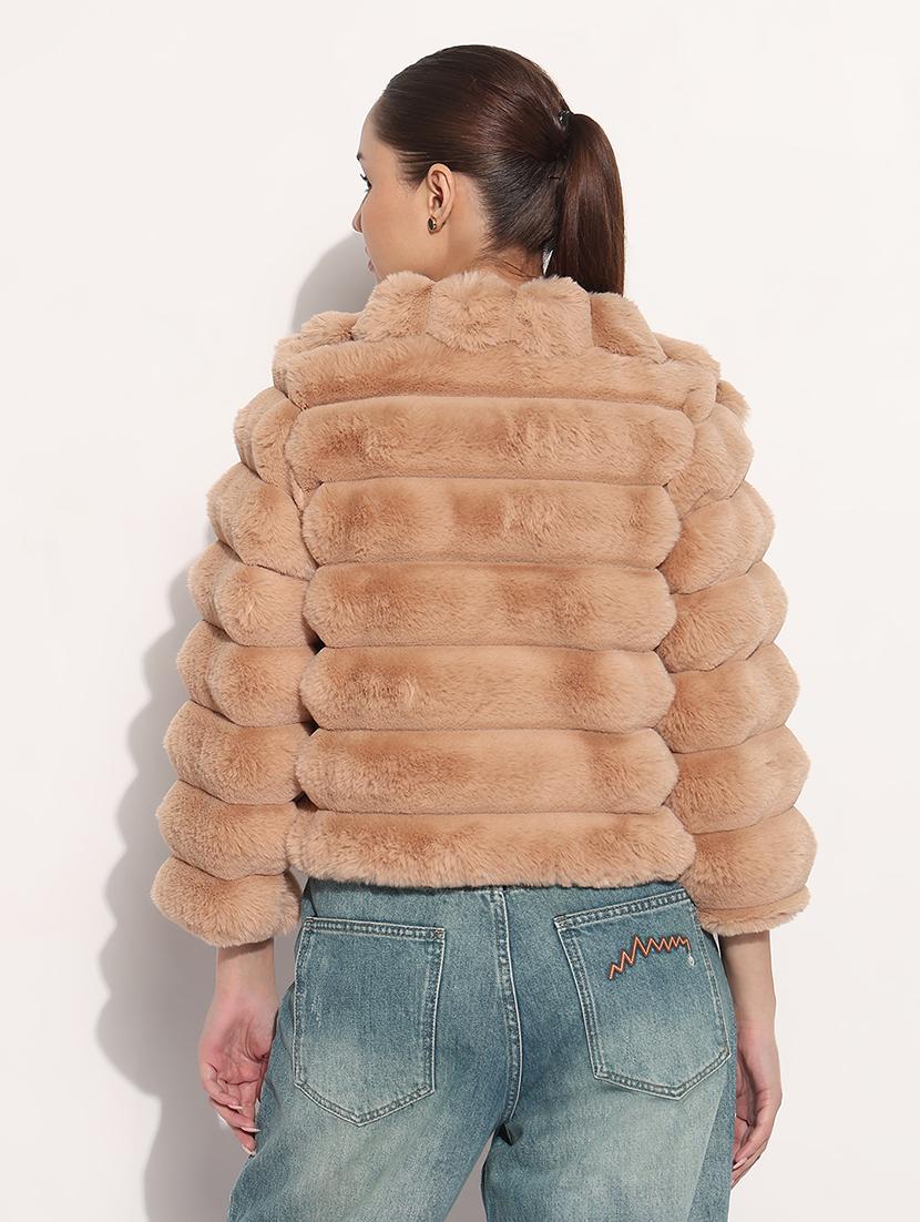 women solid long sleeve fur jacket - 21982993 - Standard Image - 3