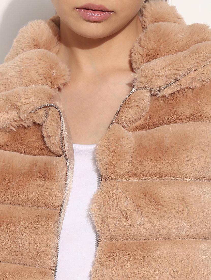 women solid long sleeve fur jacket - 21982993 - Standard Image - 5