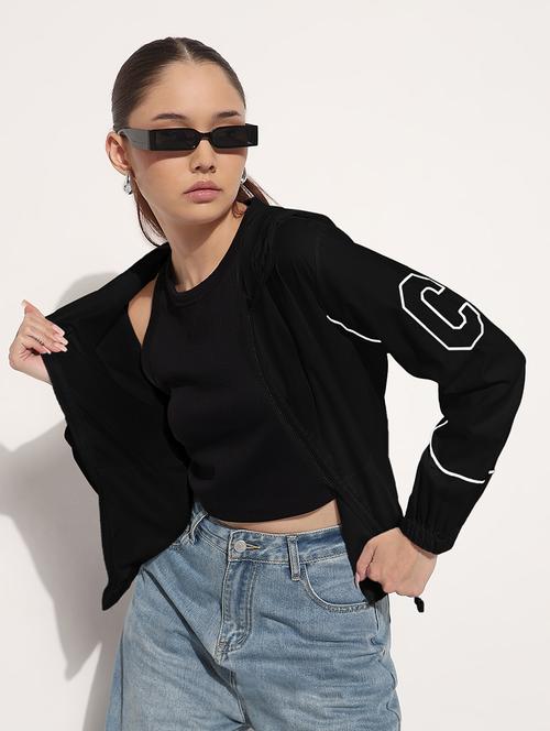 women black printed long sleeve hooded jacket - 21982999 - Standard Image - 0