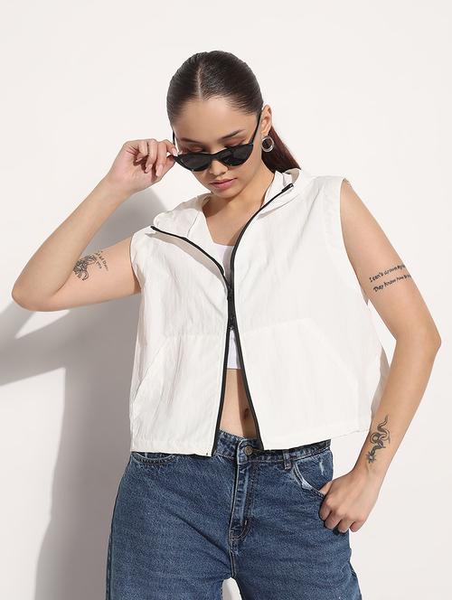 women white solid sleeveless hooded biker jacket - 21983001 - Standard Image - 0