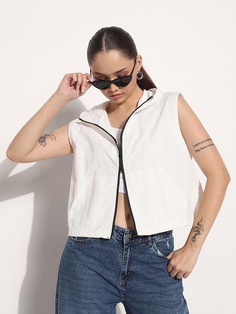 women white solid sleeveless hooded biker jacket - 21983001 - Zoom Image - 0