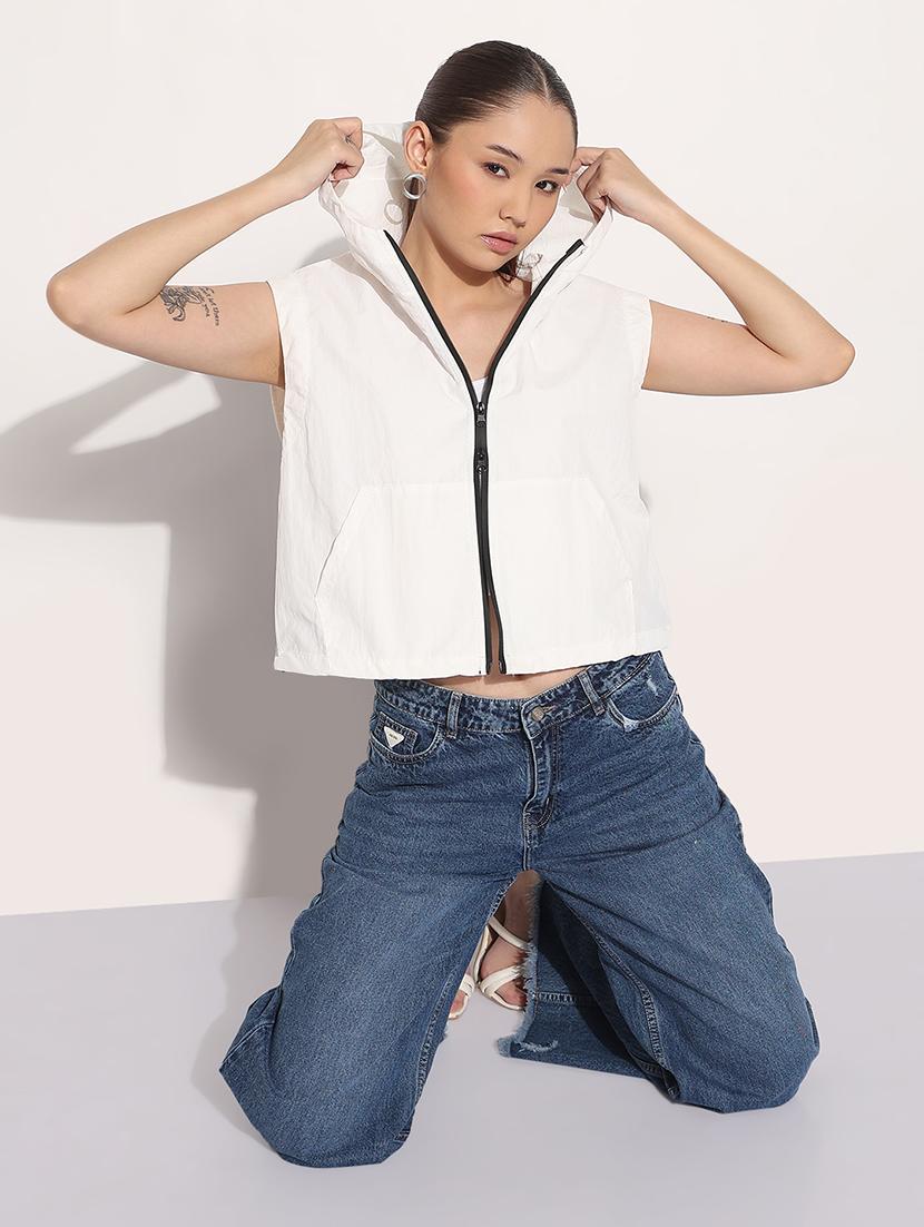 women white solid sleeveless hooded biker jacket - 21983001 - Standard Image - 5