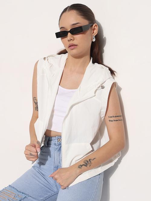 women white solid sleeveless hooded jacket - 21983002 - Standard Image - 0