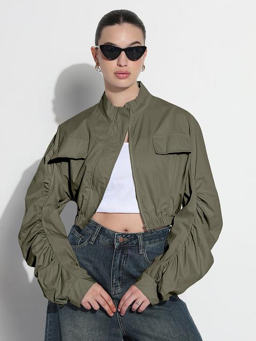women olive solid long sleeve crop jacket - 21983006 - Standard Image - 0