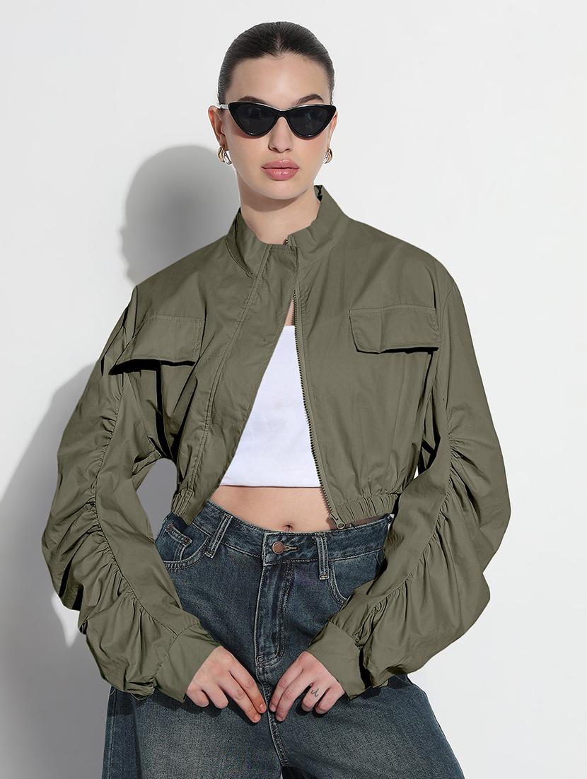 women olive solid long sleeve crop jacket - 21983006 - Zoom Image - 0