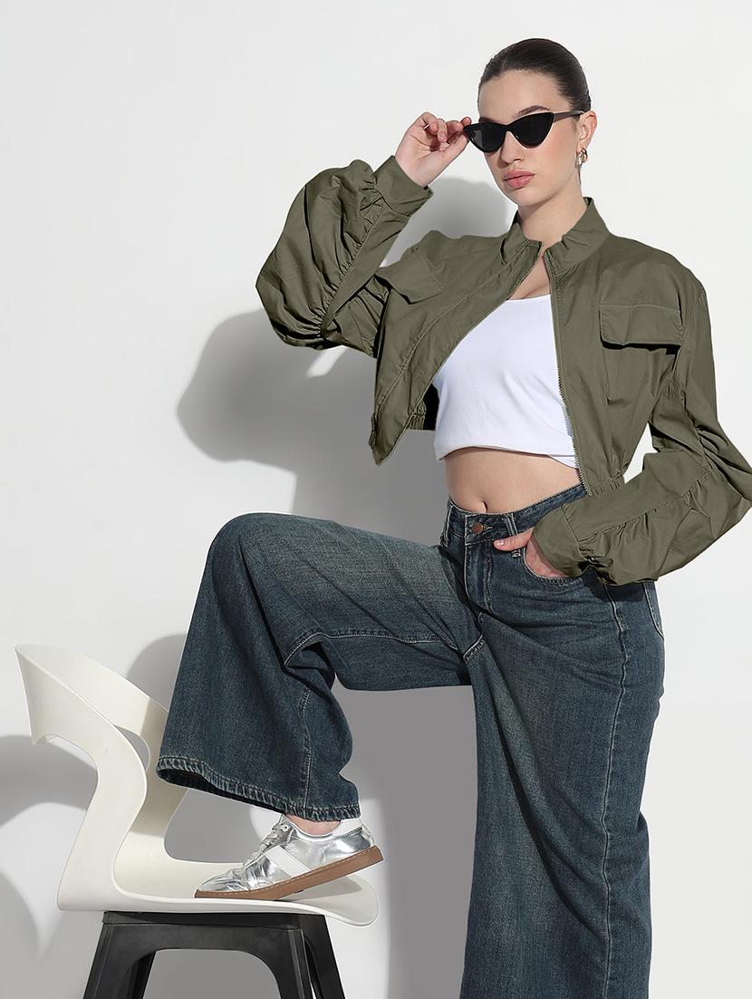 women olive solid long sleeve crop jacket - 21983006 - Standard Image - 5