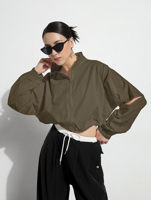 women solid long sleeve collared crop jacket - 21983007 -  Standard Image - 0