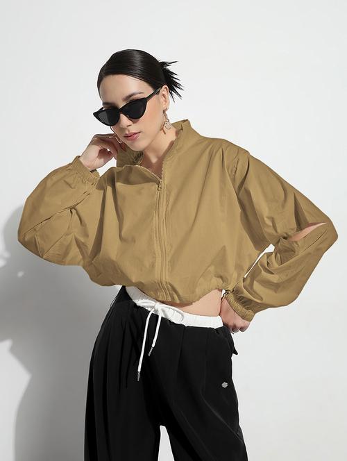 women solid long sleeve stand collar crop jacket - 21983008 - Standard Image - 0