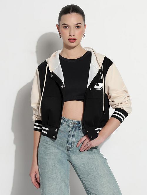 women color blocked hooded crop varsity jacket - 21983010 -  Standard Image - 0