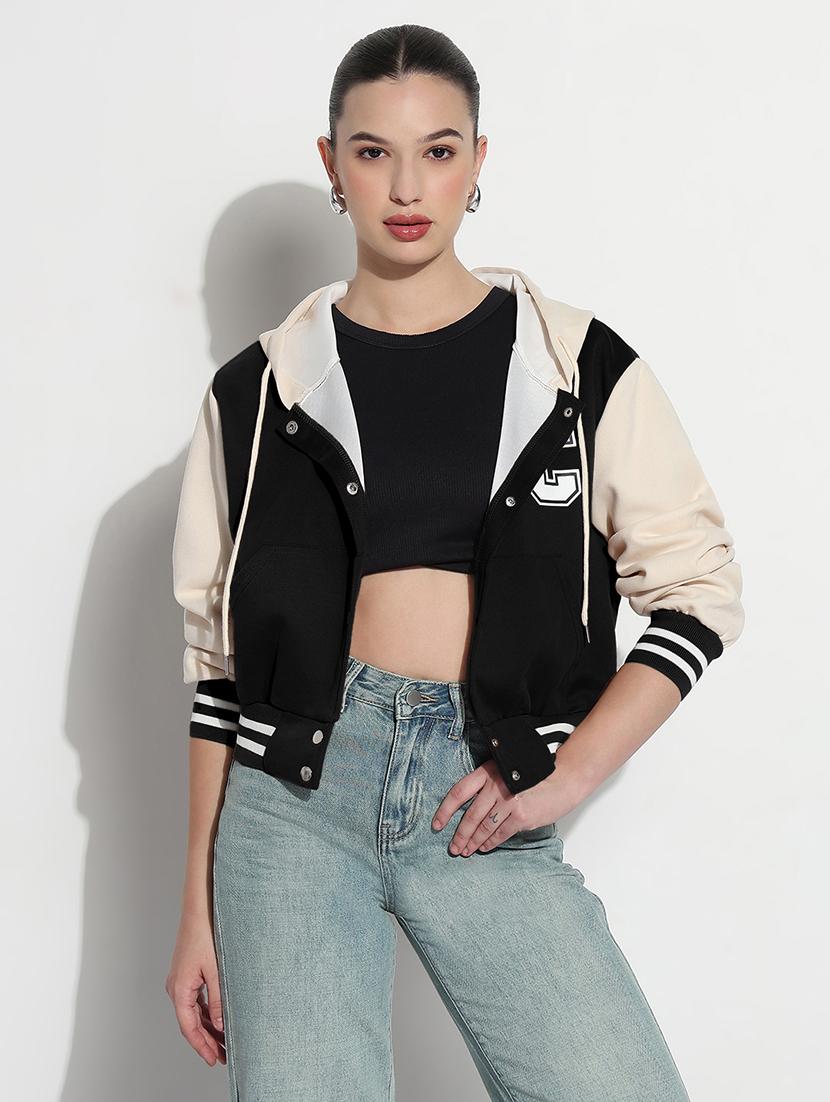women color blocked hooded crop varsity jacket - 21983010 -  Zoom Image - 0