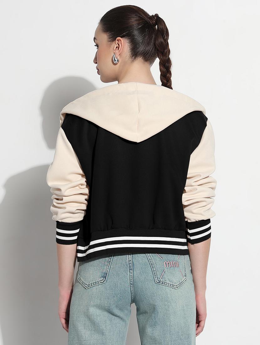 women color blocked hooded crop varsity jacket - 21983010 - Standard Image - 3