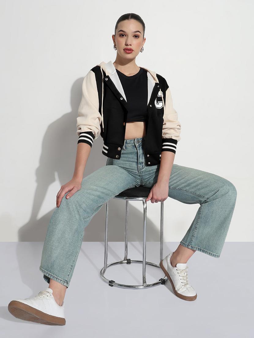 women color blocked hooded crop varsity jacket - 21983010 - Standard Image - 5