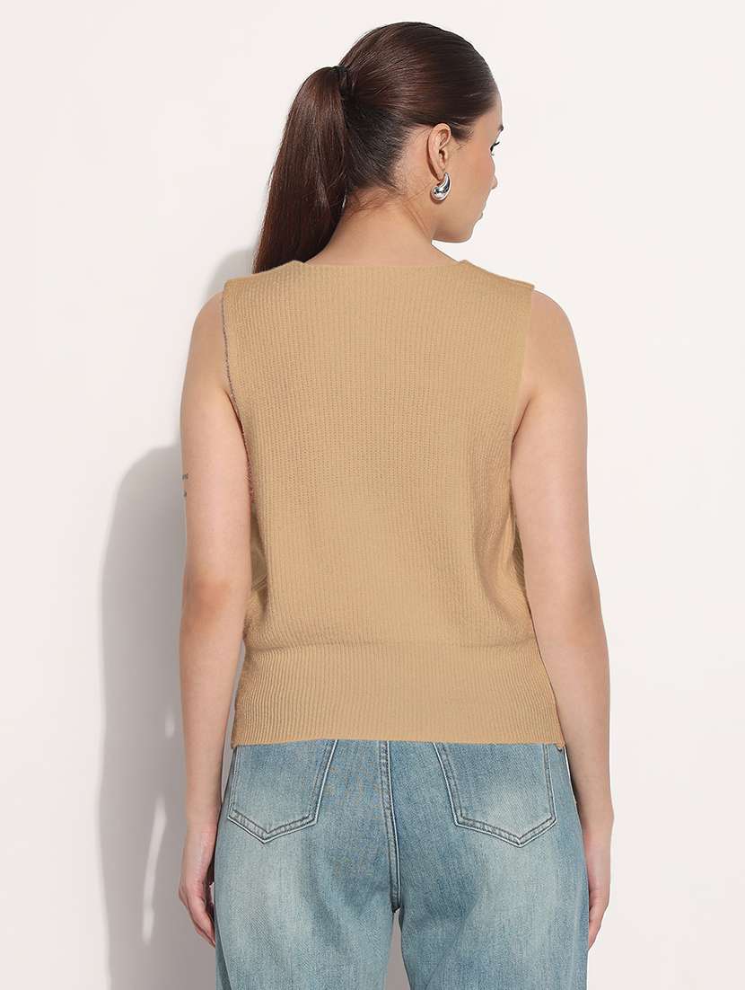 women beige solid sleeveless knitted top - 21983015 -  Standard Image - 3