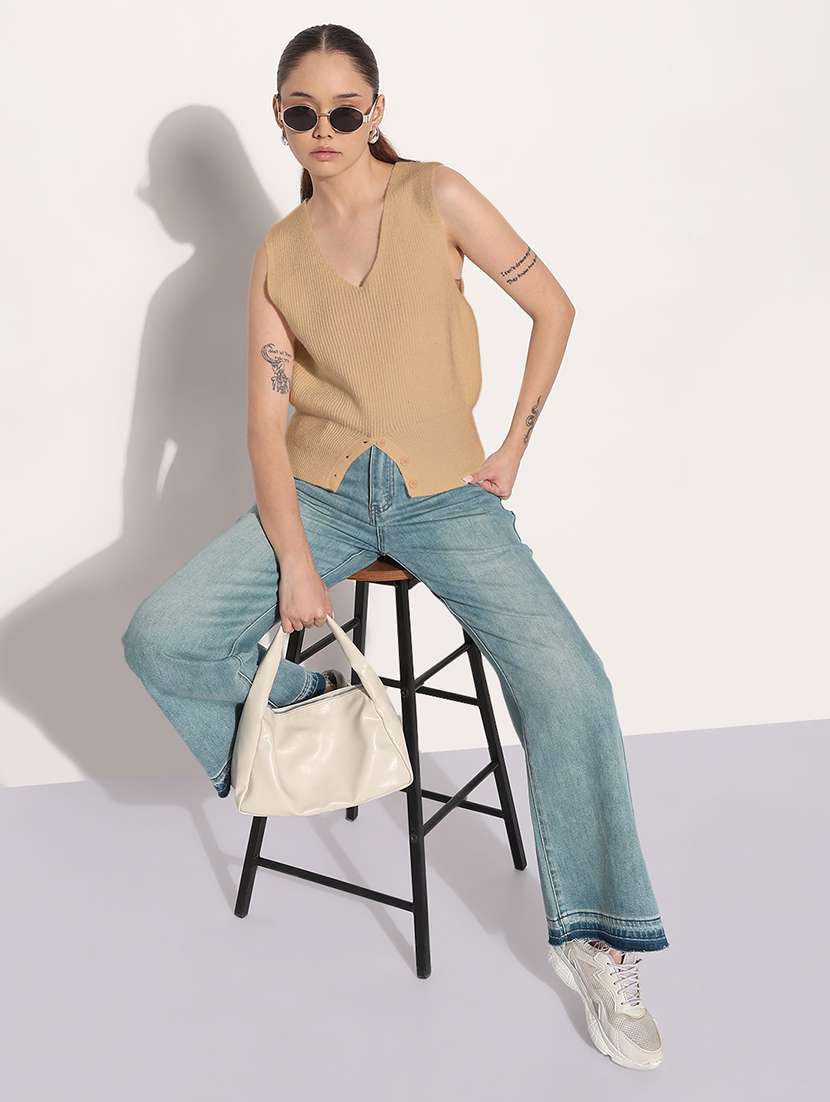 women beige solid sleeveless knitted top - 21983015 -  Standard Image - 5