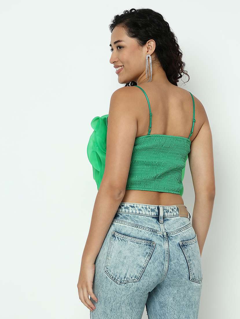 women green solid shoulder strap crop top - 21983020 -  Standard Image - 3