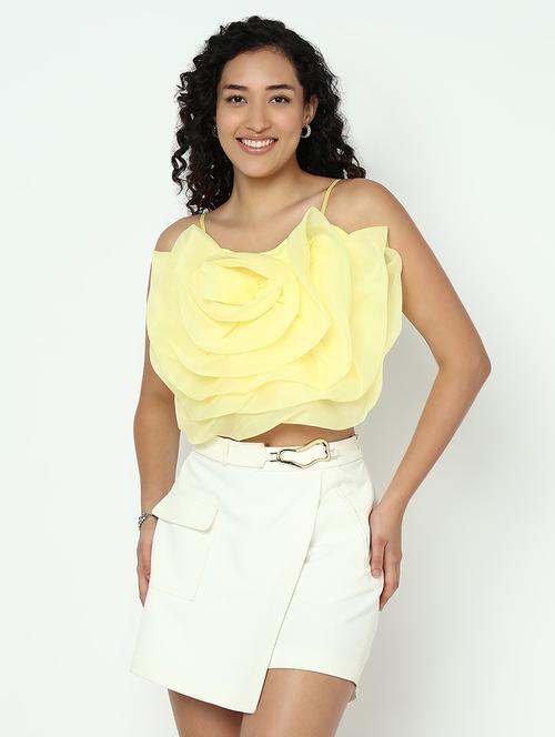 women yellow solid shoulder strap crop top - 21983022 - Standard Image - 0