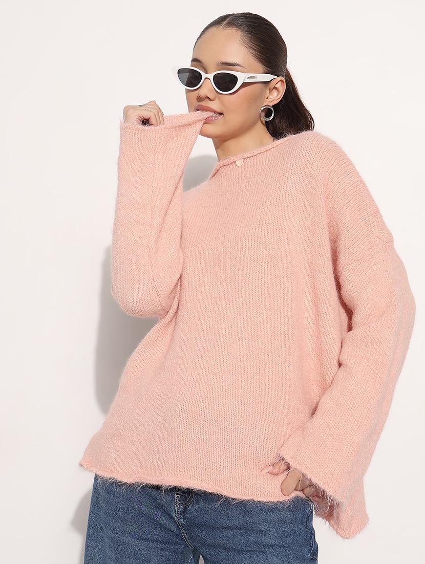 women pink solid long sleeve loose fit pullover