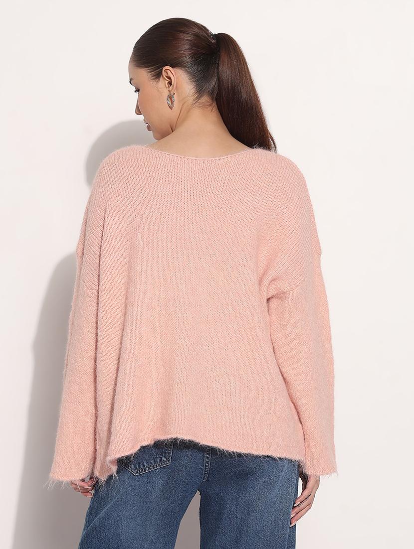 women pink solid long sleeve loose fit pullover - 21983024 - Standard Image - 3
