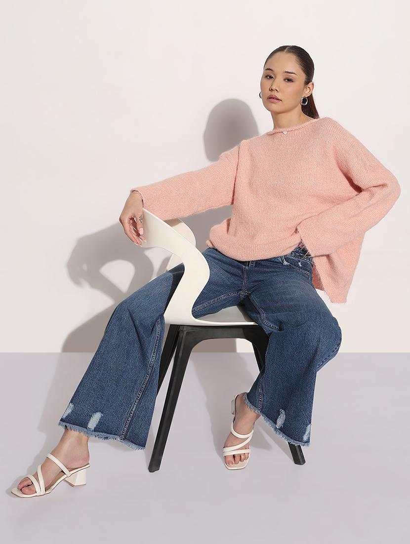 women pink solid long sleeve loose fit pullover - 21983024 - Standard Image - 5