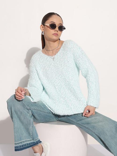 women light blue solid long sleeve loose fit pullover - 21983025 -  Standard Image - 0