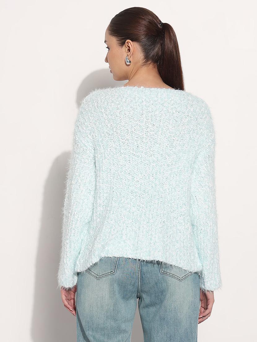 women light blue solid long sleeve loose fit pullover - 21983025 - Standard Image - 3