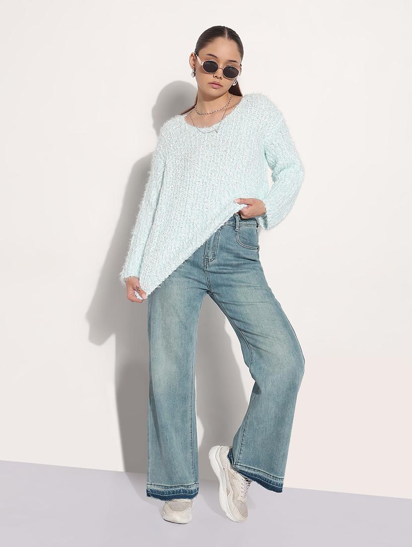women light blue solid long sleeve loose fit pullover - 21983025 - Standard Image - 5