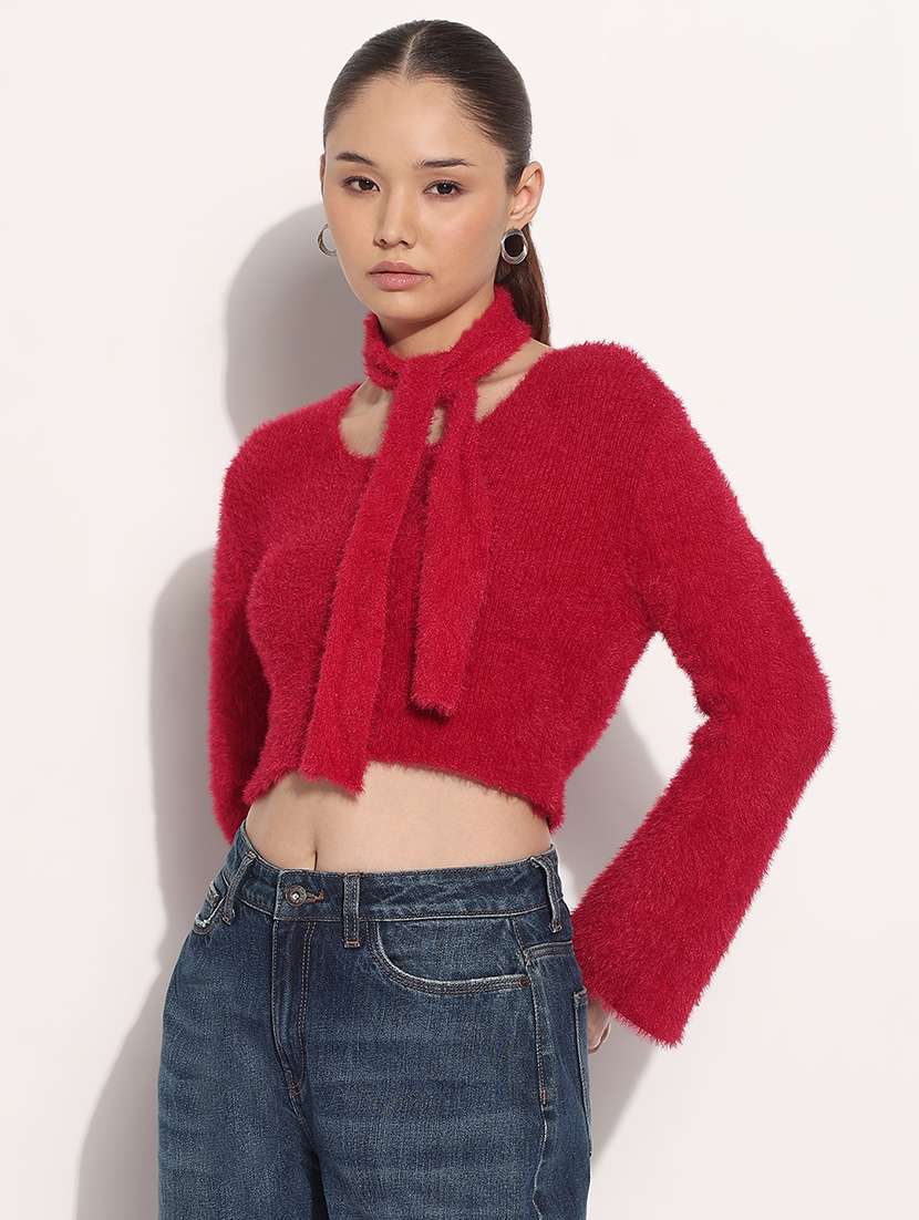 women solid long sleeve crop top with scarf  - 21983027 -  Standard Image - 5