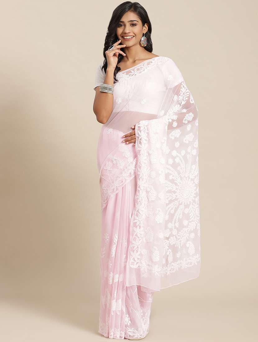 women solid with work chikankari saree with blouse