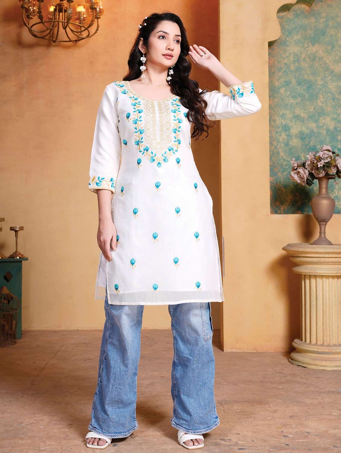 women solid with work three quarter sleeve straight kurta - 21983053 -  Zoom Image - 0