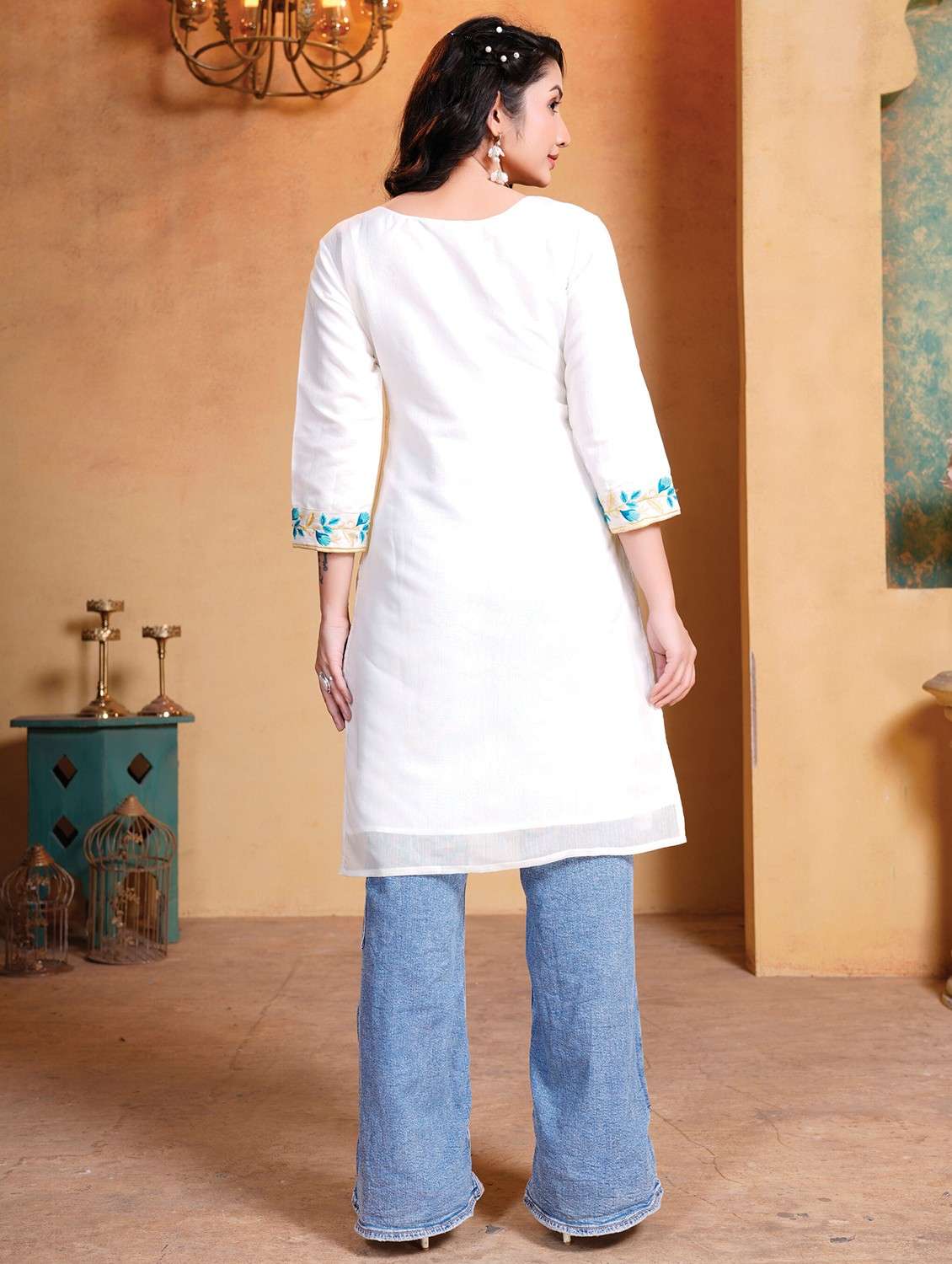 women solid with work three quarter sleeve straight kurta - 21983053 - Standard Image - 3