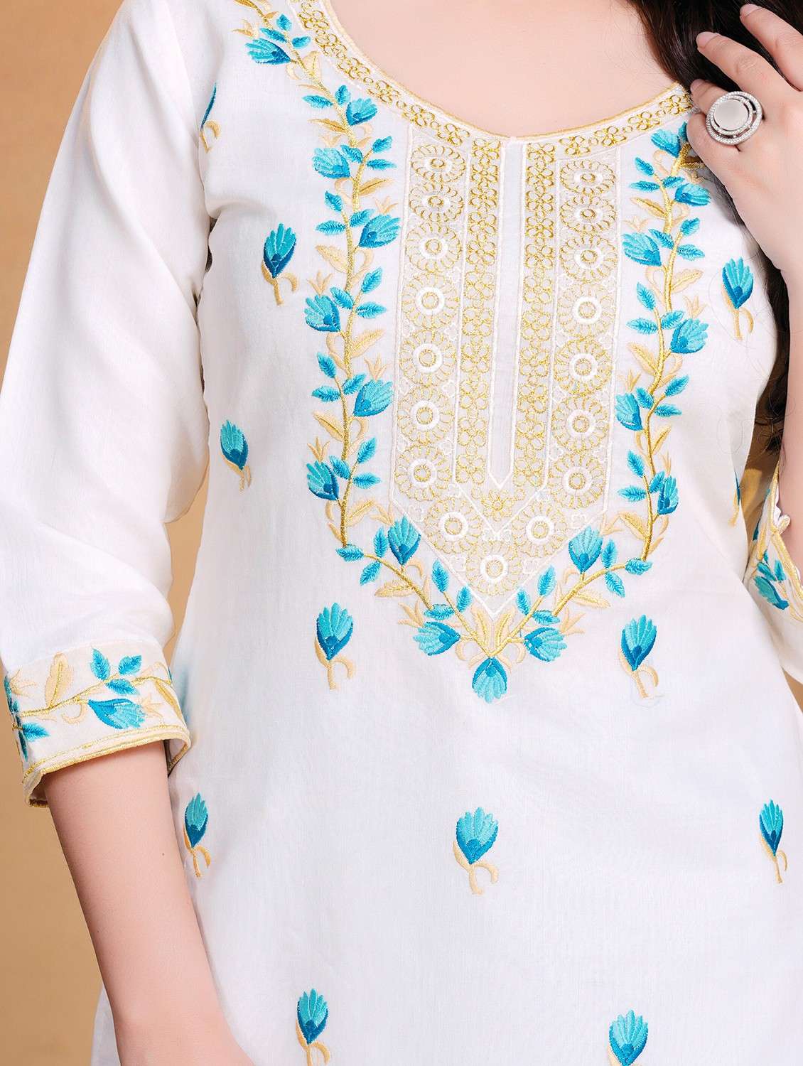 women solid with work three quarter sleeve straight kurta - 21983053 - Standard Image - 5
