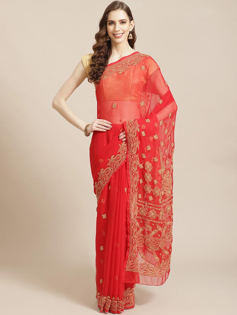 women solid with work chikankari saree with blouse