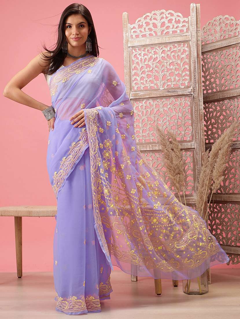 women solid with work chikankari saree with blouse - 21983057 - Zoom Image - 0