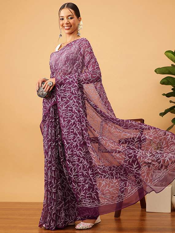 women solid with work chikankari saree with blouse - 21983099 -  Zoom Image - 0