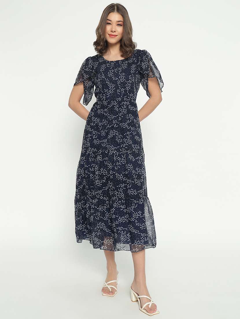 women printed puff sleeve tiered dress