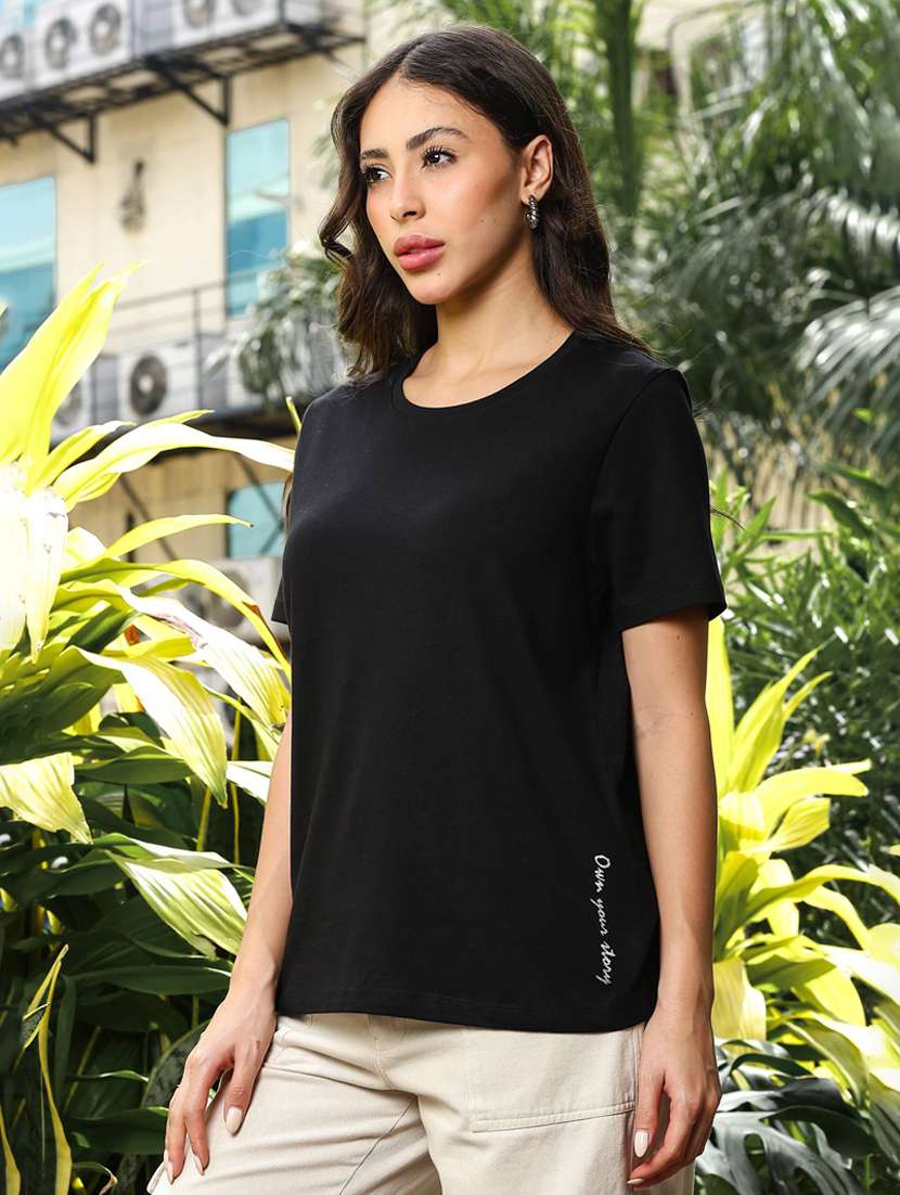women black solid short sleeve regular fit t-shirt - 21983141 -  Standard Image - 3